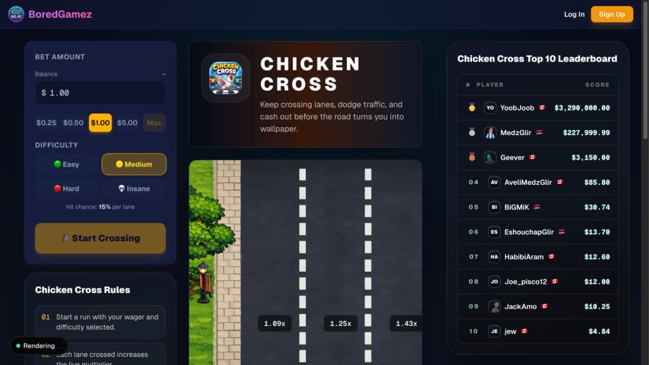 BoredGamez Chicken Cross road with traffic lanes and controls