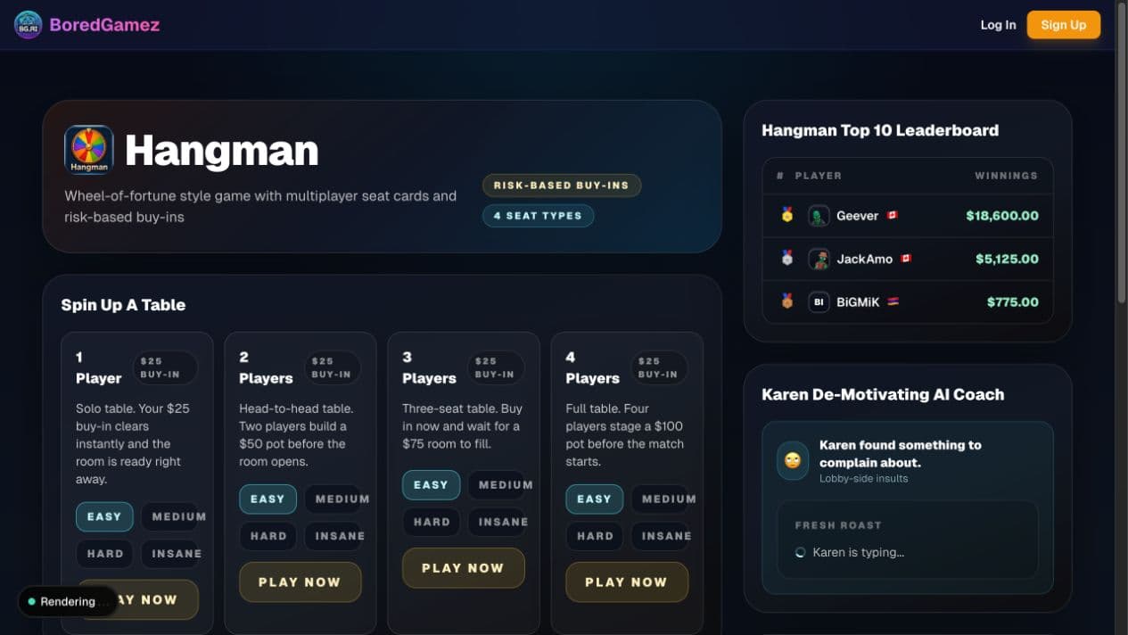 BoredGamez multiplayer Hangman lobby with wheel risk choices