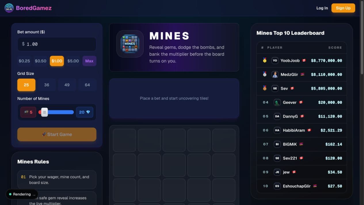 BoredGamez Mines board with hidden tiles and round controls