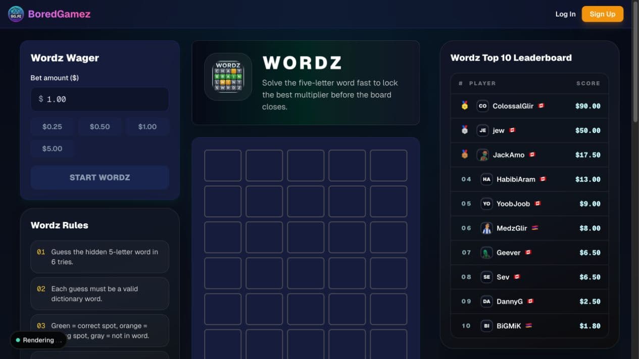 BoredGamez Wordz five-letter grid and keyboard