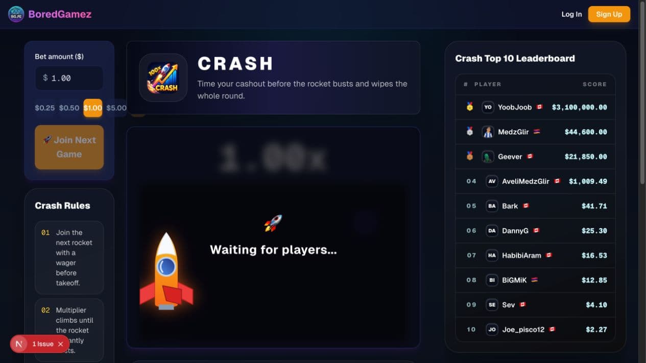 BoredGamez Crash round with the rocket and live multiplier