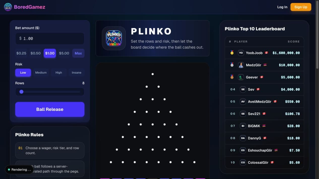 BoredGamez Plinko board with pegs, bins, and risk controls